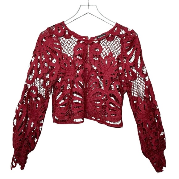 BEBE Red Bloodstone Placement Lace Crochet Women’s Blouse Sz S - Picture 2 of 12